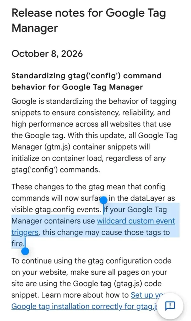 Alerte Google Tag Manager :  nouvel &eacute;v&eacute;nement gtag.config